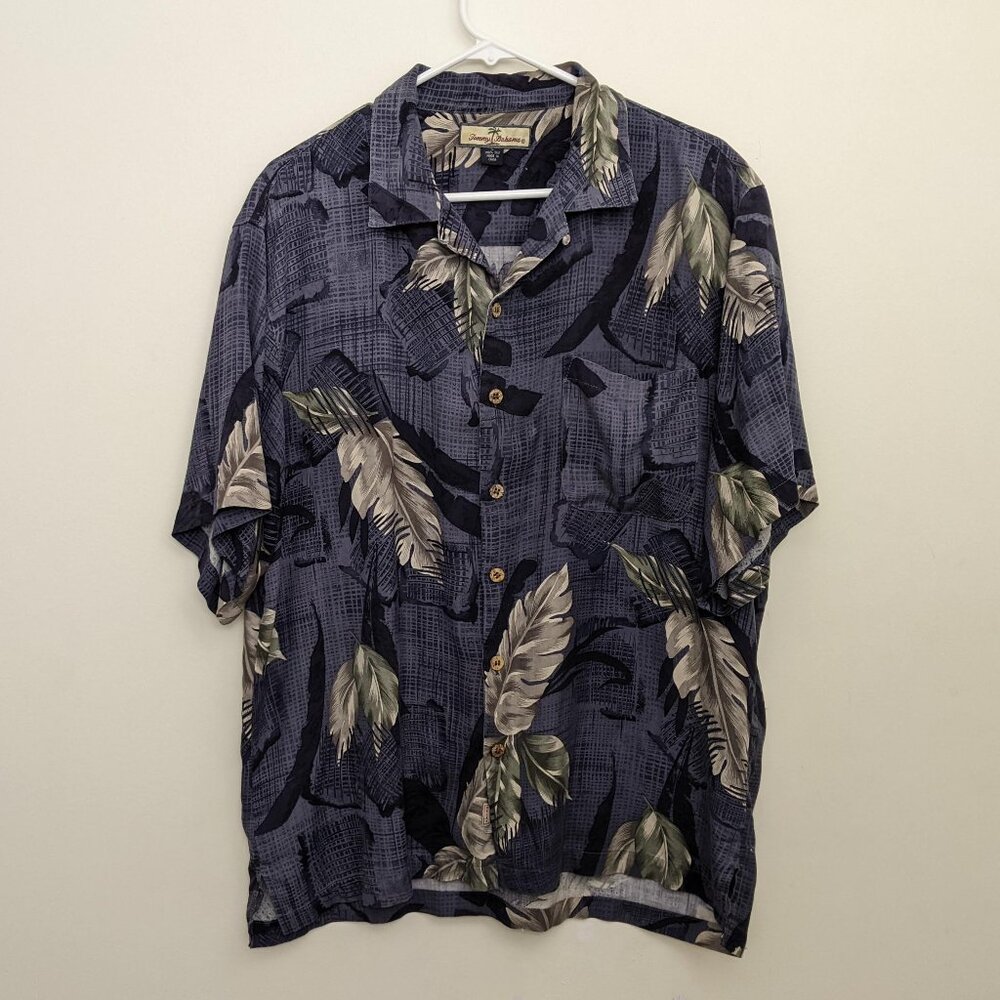 Tommy Bahama 100% Silk Hawaiian Shirt Blue Palm Leaves Vintage Men's Large